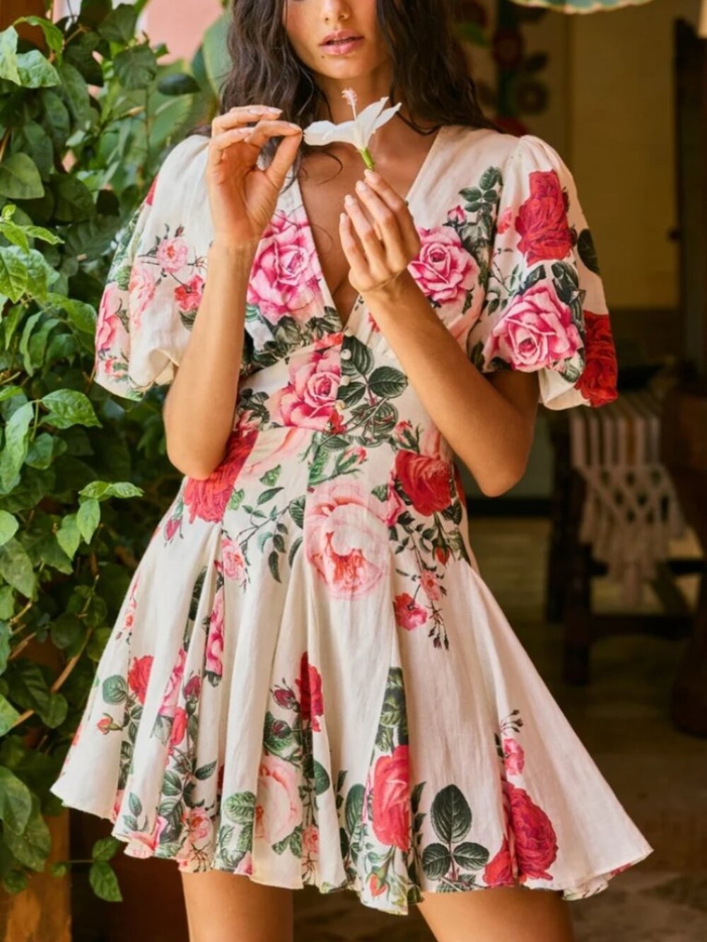 Hemant & Nandita Naaz Floral Skater Mini Dress Cream Red Size Small - Picture 12 of 14